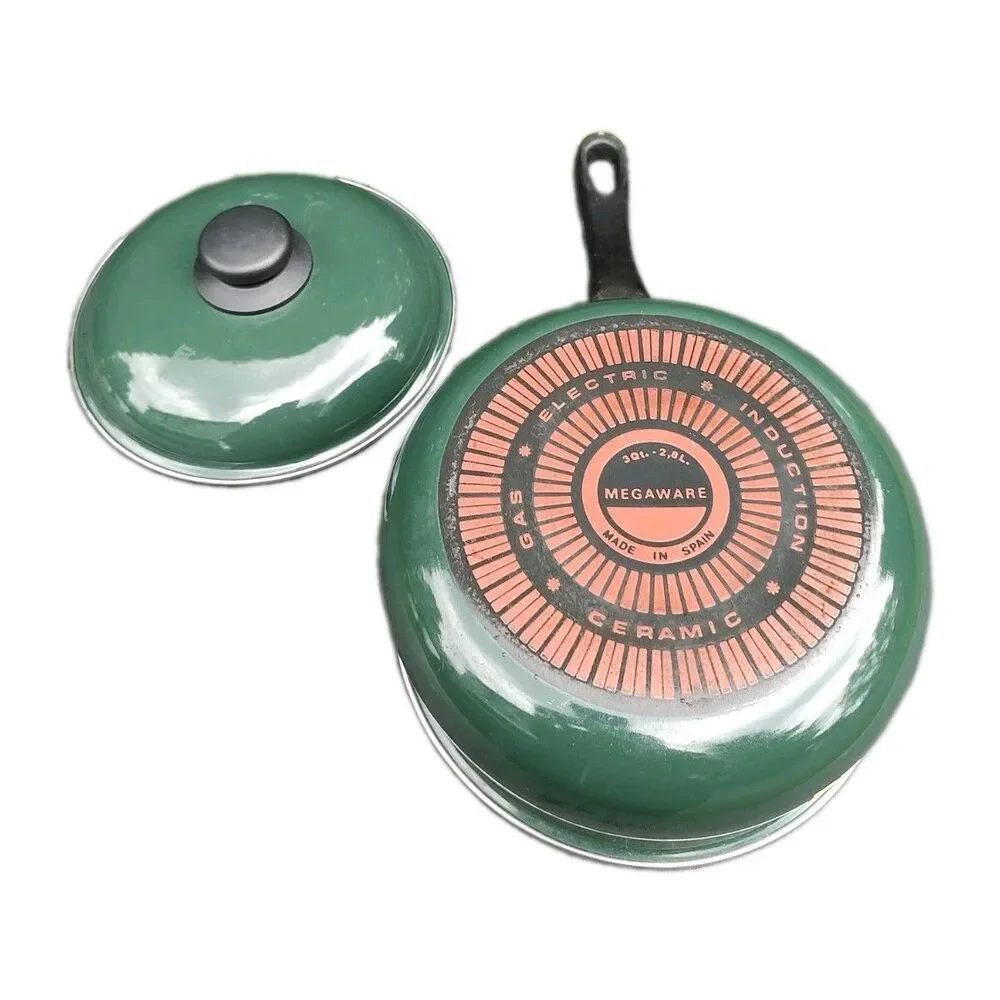 Vintage Megaware Sauce Pan Pot with Lid Spain 3 qt Ceramic Cookware Forest Green